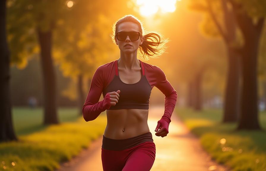 Motivated woman runner in Central Park at sunrise, displaying powerful stride and focus, wearing lightweight Falcon Glide athletic apparel and sunglasses.