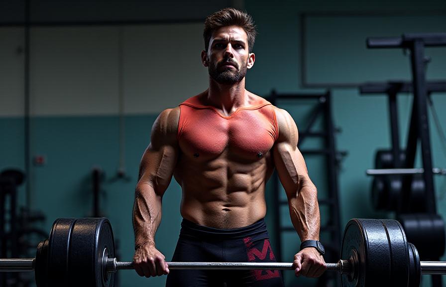 Man in peak physical condition lifting heavy weights in a dynamic gym setting, illuminated by focused lighting. He is wearing Aviary Raptor Series compression gear.