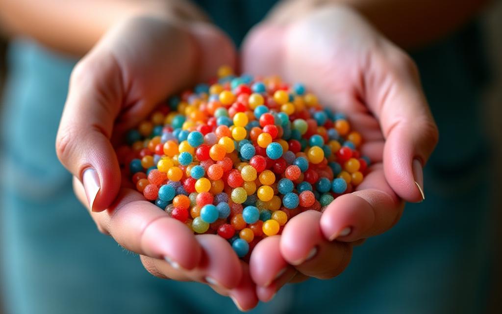 Close-up of hands gently holding a handful of clean, multicolored recycled plastic pellets, destined for innovative fabric production.